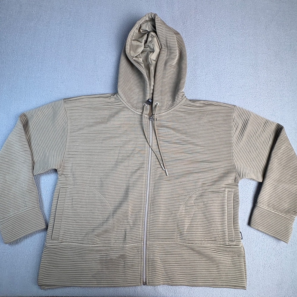 DKNY Ribbed Full Zip Hoodie Olive Taupe XL Textured Athleisure Sweatshirt